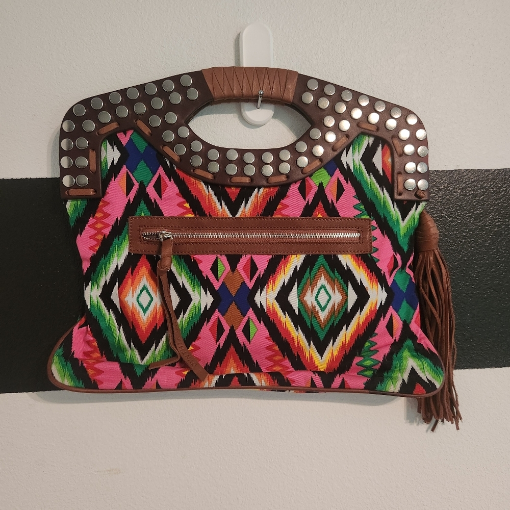 Cynthia Vincent Vibrant Patterned Clutch Handle Bag with Studs